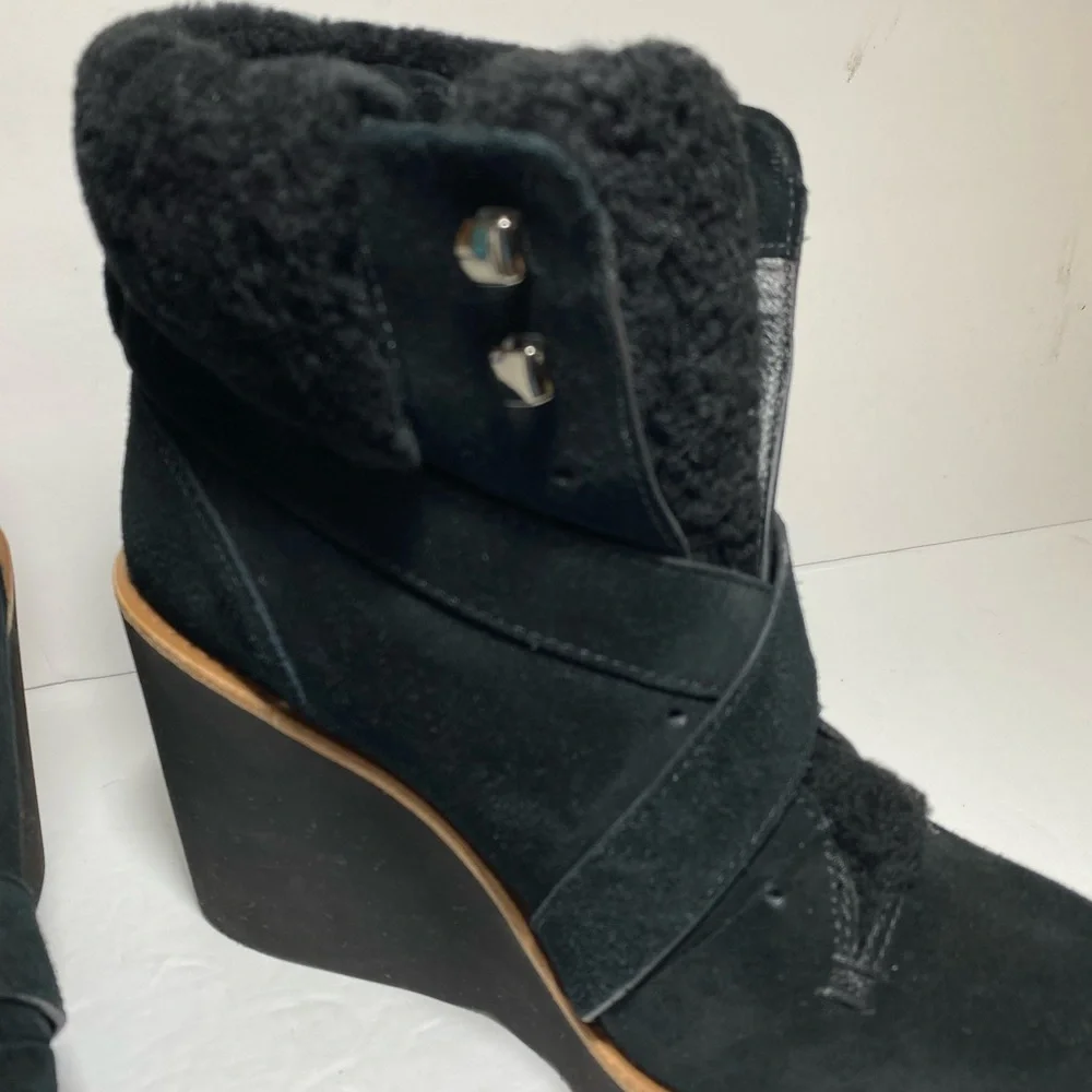 Coach Kenna Shearling Suede Black Leather  Wedge Booties Ankle Boots Size 7.5